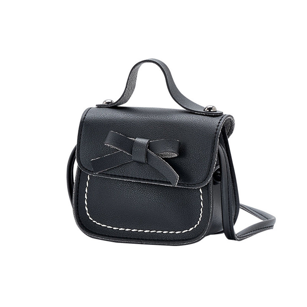 Kinderen Meisjes Leuke Strik Pure Kleur Handtassen Kids Lederen Schoudertassen Mini Crossbody Tas Clutch: Black