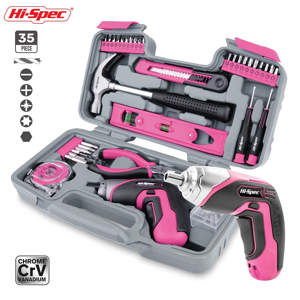 Hi-spec 35pc 4v usb elektrisk skruetrækker li-ion pink hjem diy husholdningsværktøj sæt håndværktøjssæt til gril dame kvinder: Default Title