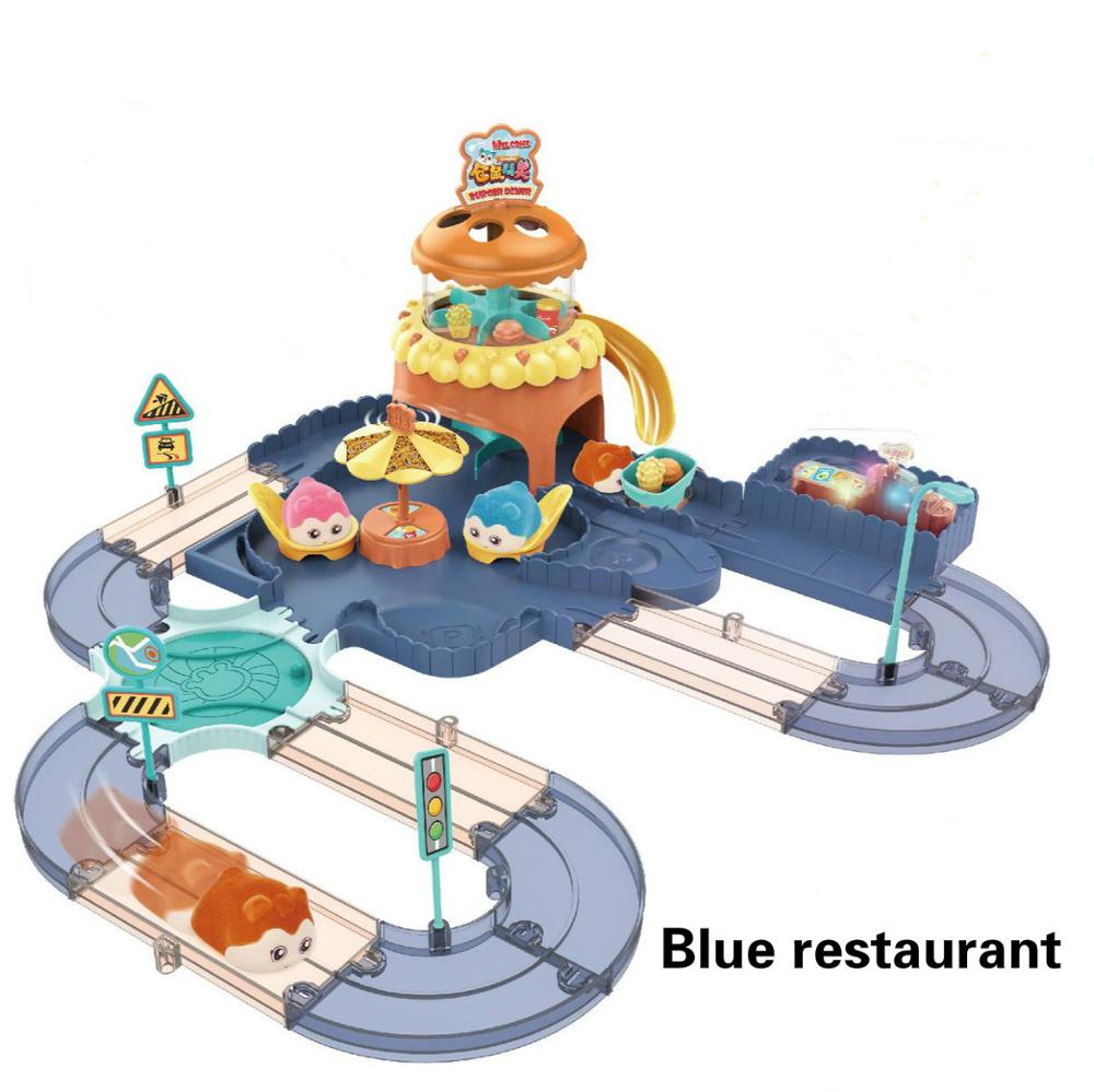 Electric Hamster Grow House Elven Track Car Set Children Play House Educational Scene Toy For Kids: Blue restaurant