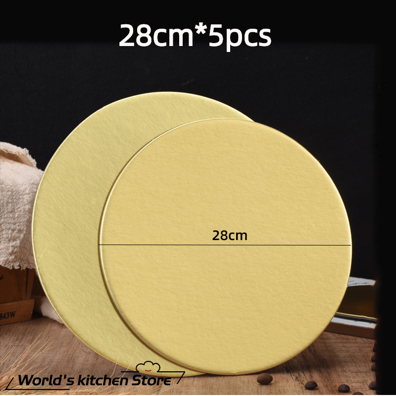 5 stk runde kageplader sæt cakeboard base engangspapir cupcake dessertbakke 6/8/10 tommer kage guldkort pakning: Gyldne 28cm 5 stk