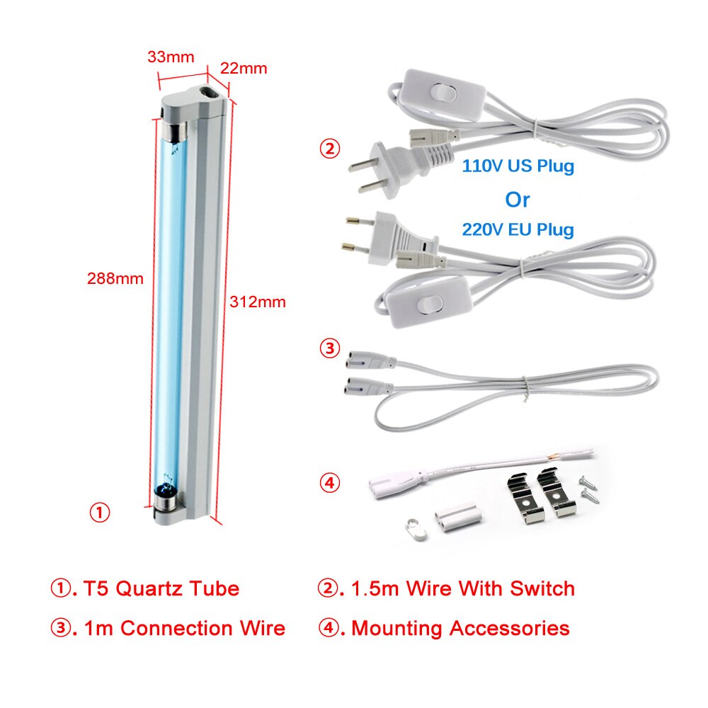 220V 110V Germicidal Light T5 Tube UVC Quartz Ultraviolet Lamps UV Sterilizer Kill Dust Mite UV Ozone Bactericidal Lamp for Home