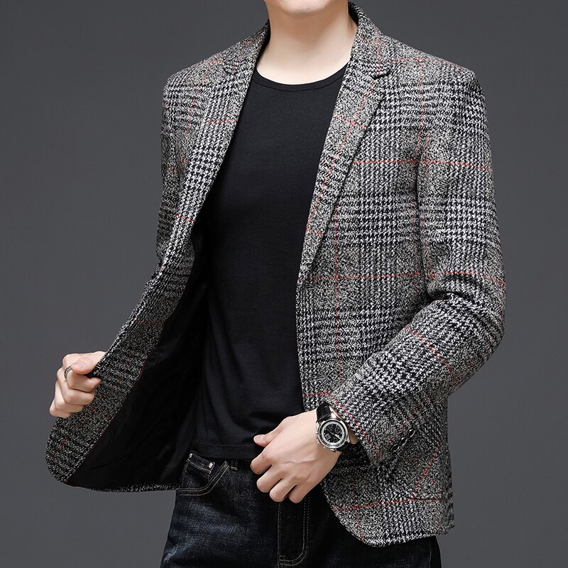 Top Grade Style Classic Brand Casual Slim Fit Men Suits Tweed Jacket Business Plaid Blazer Coats Mens Clothes