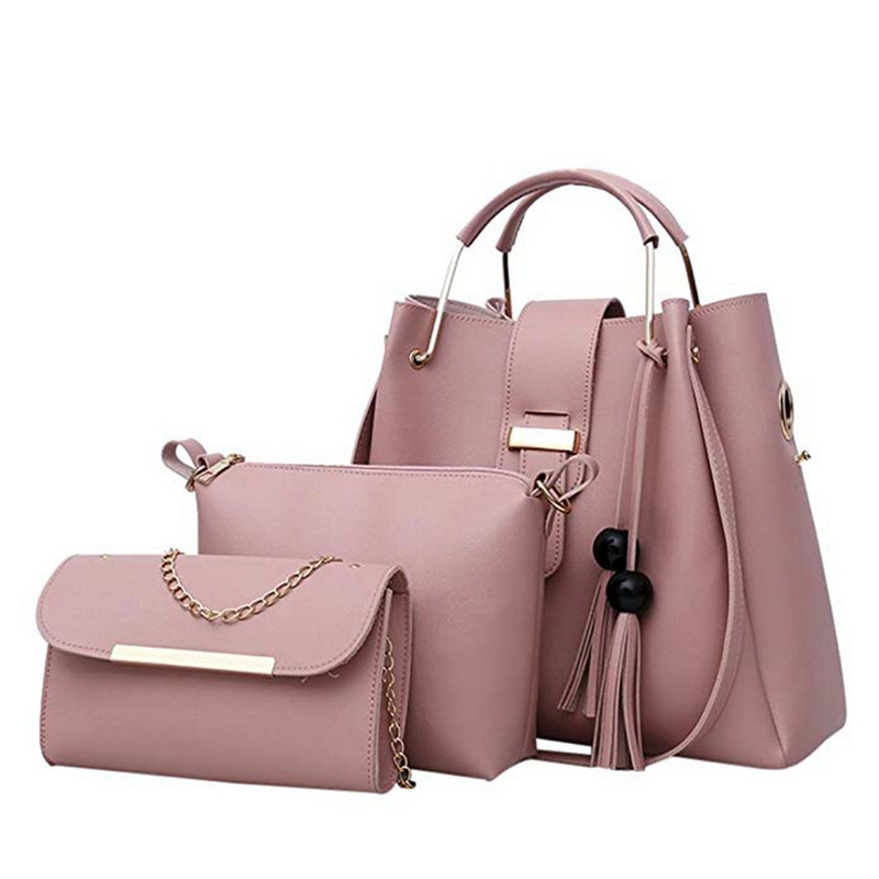 Sac 3 pièces femmes sacs à main ensemble sacs à bandoulière en cuir grande capacité Sac fourre-tout décontracté femme gland seau sacs à main et sacs à main: pink