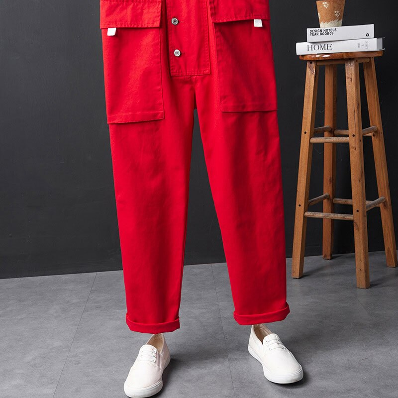 Mono con pechera para hombre, pantalones Cargo rojos, holgados, rectos, con bolsillos grandes, ropa de calle Hip Hop, pantalones informales