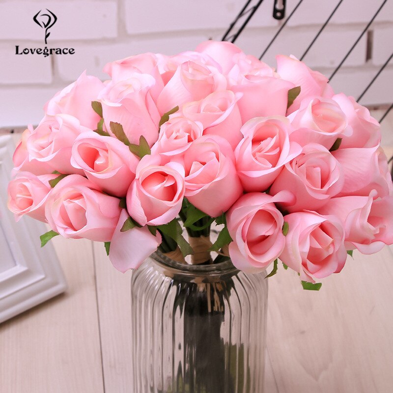 Lovegrace Rose Bouquet Flower Artificial Silk 12 Heads Rose Bridesmaid Hold Flower Bouquet Champagne Pink Home Wedding Decor: pink