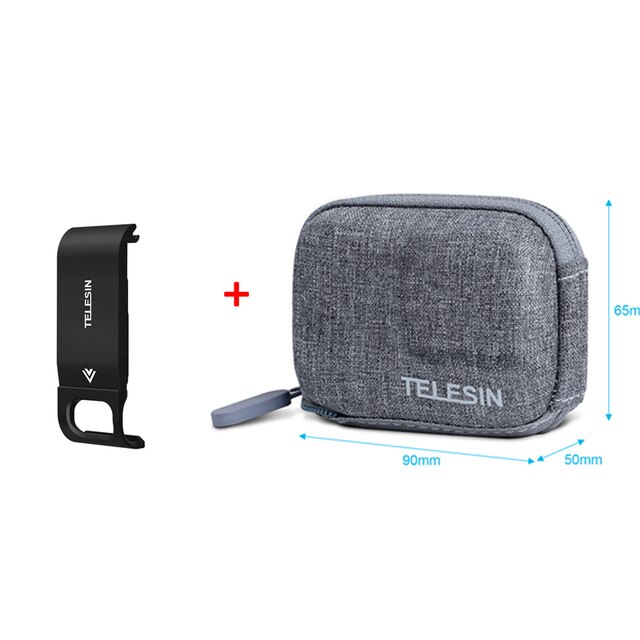 TELESIN-Tapa lateral de batería para GoPro9 Gopro10, aleación de aluminio, fácil de quitar, tipo C, puerto de cubierta de carga para GoPro Hero 9 10: Side Lid w Bag