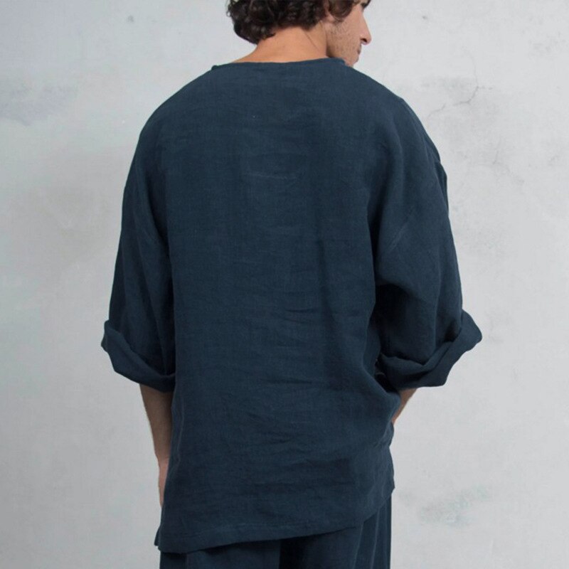 Effen Chinese Stijl Kleding Voor Mannen Lange Mouw Linnen Kung Fu Outfit Leisure Losse T-shirt Tang Tops Oosterse Kostuums Shirts