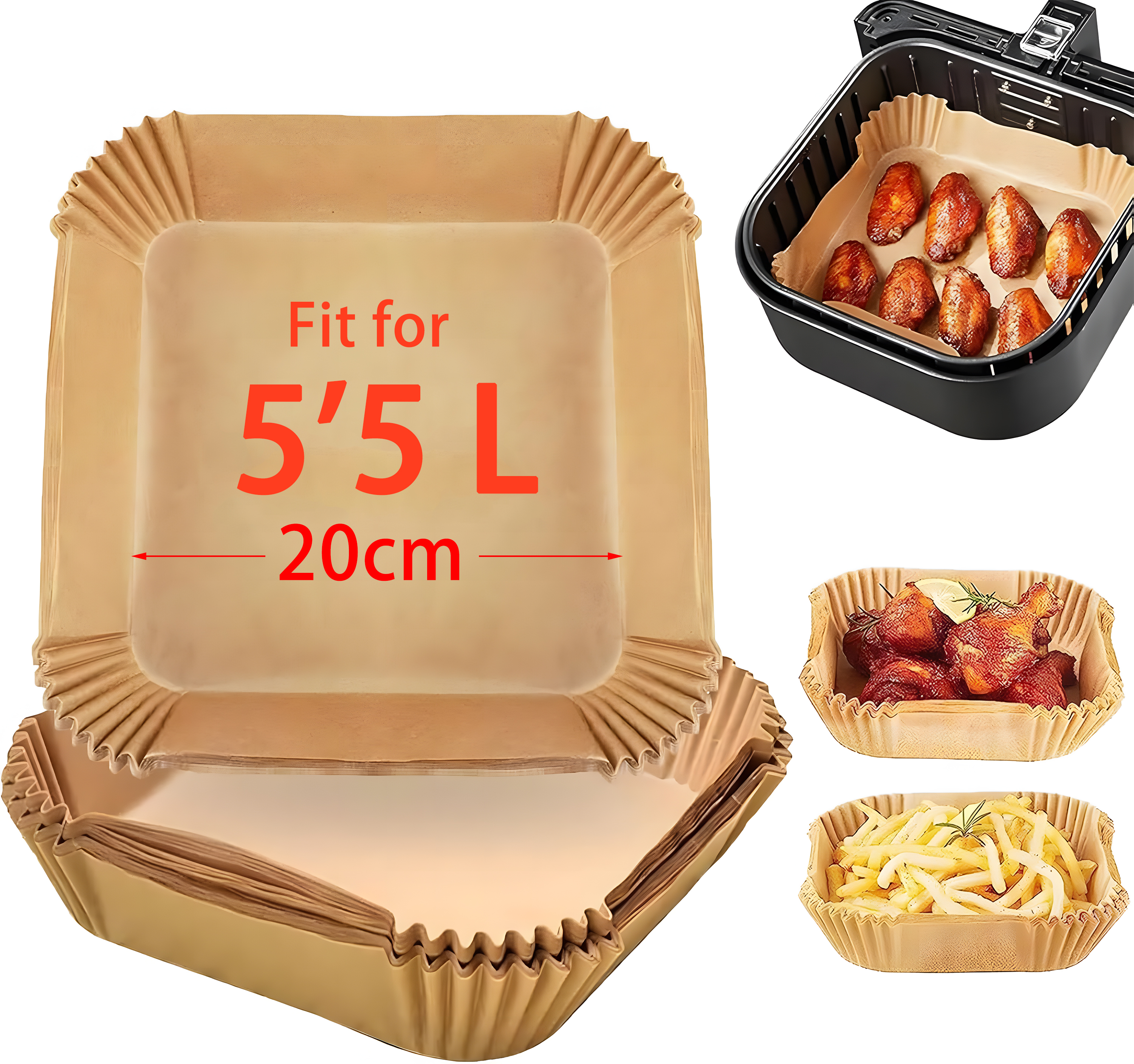 5’5 L quadratisches Heißluftbratzubehör, 20 cm Heißluftfritteuse-Gitter über Papierformen