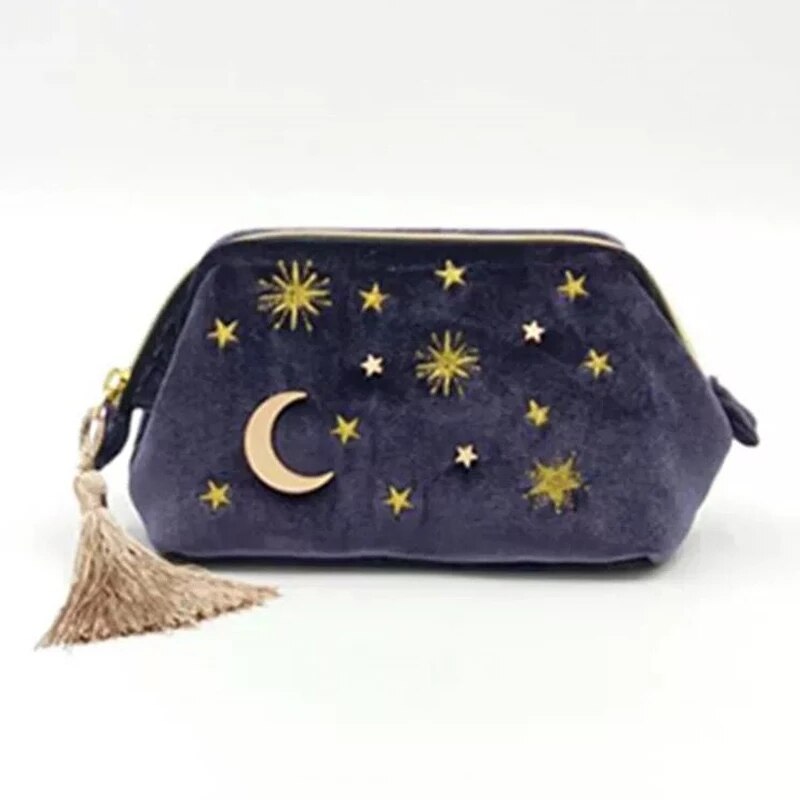 Leuke Fluwelen Borduurwerk Cosmetic Bag Travel Organizer Vrouwen Make-Up Tas Rits Make Up Pouch Met Moon Star Tassel Deco