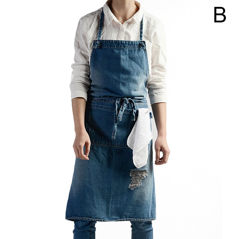 Newly Denim Hanging-neck Apron Sleeveless Apron Dust-proof Overall for Chef Kitchen with Pockets Unisex