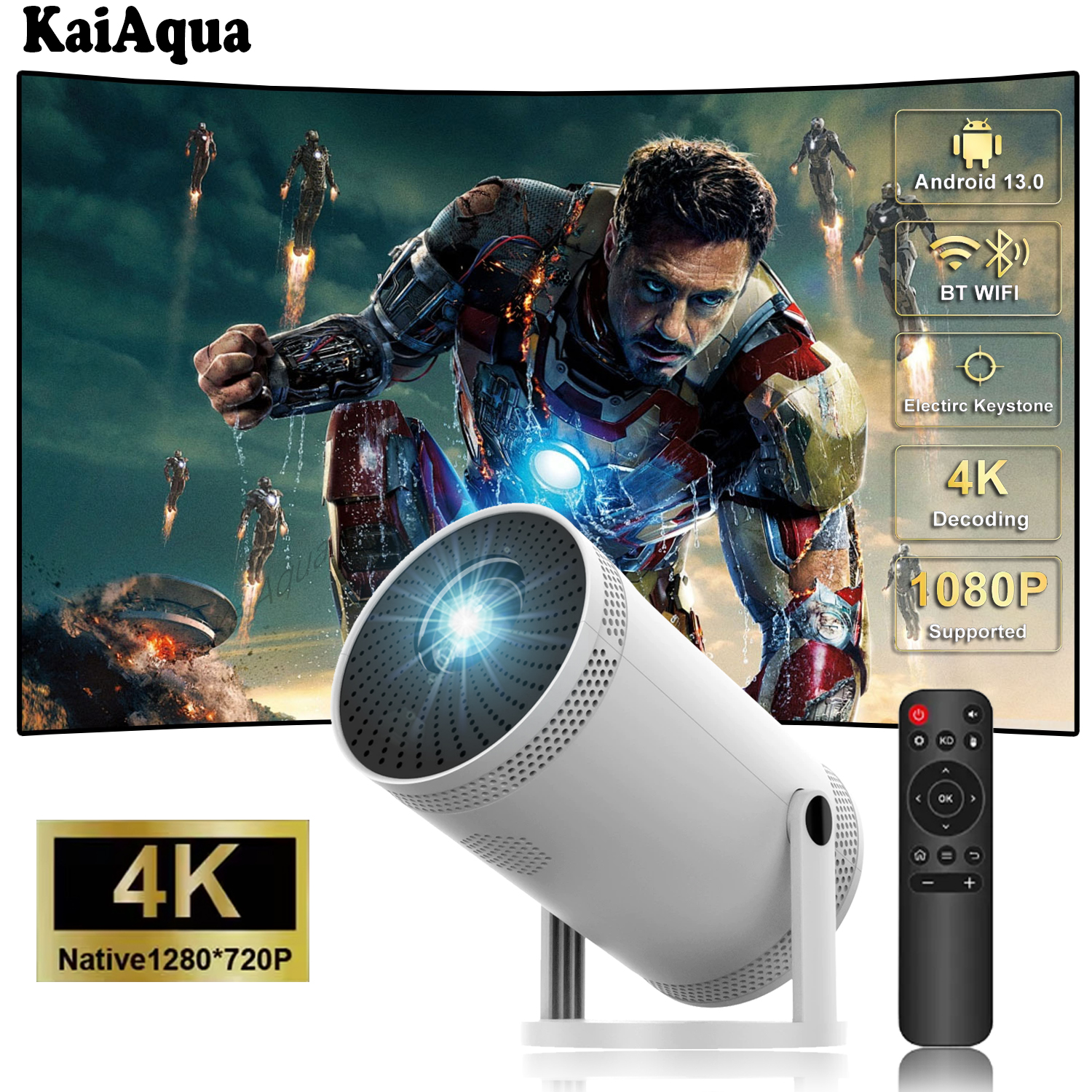 KaiAqua 4K Wifi6 Projector HDMI 260 ANSI Dual WIFI Allwinner H713 BT5.0 1280*720P Home Cinema Outdoor portable FY300 Pro: US Plug