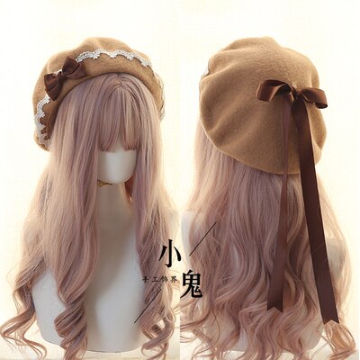 Søt jente lolita kjole tilbehør rosa kawaii bowknot beret søt blonder lett matchende høst vinter loli lue