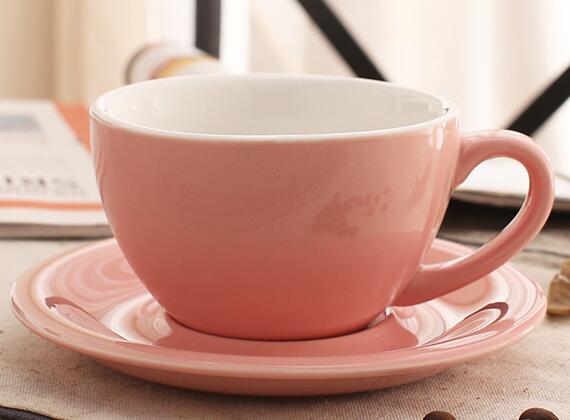300 ml farverige tykke porcelæns-kaffekopper og underkopper, keramiske lattekopper og underkopper: Lyserød