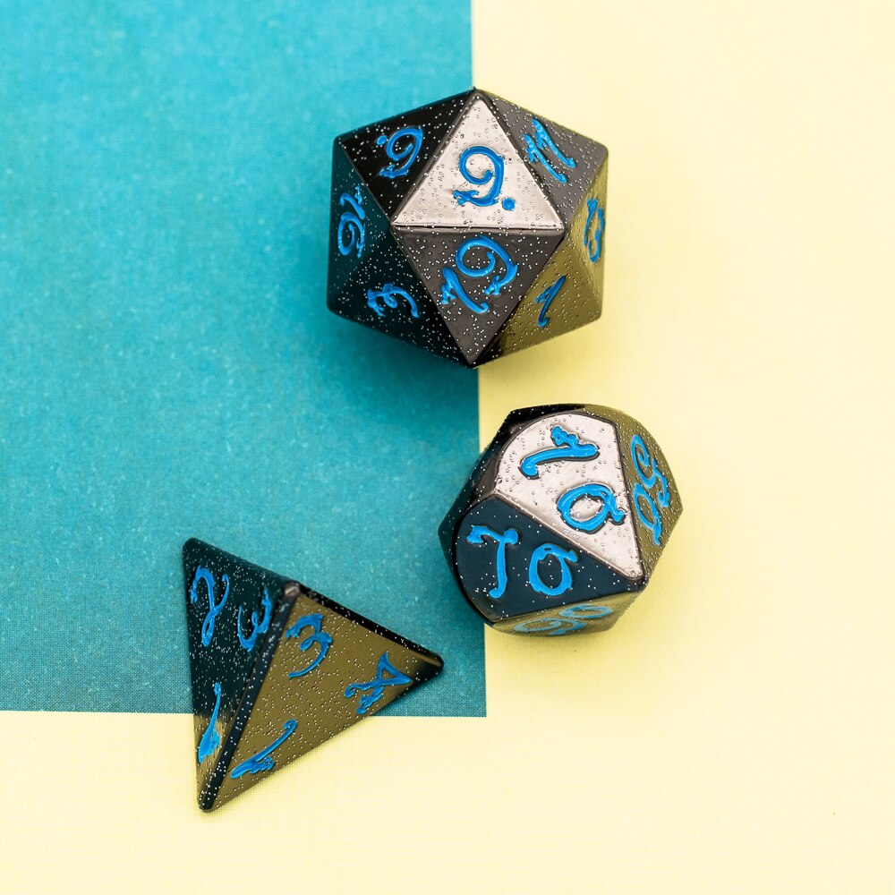 Cusdie Silber Pulver Metall D & D Würfel mit Drachen Schrift, 7 Stck DND Würfel, polyedrisch Würfel einstellen, für Rolle Spielen Spiel MTG Pfadfinder