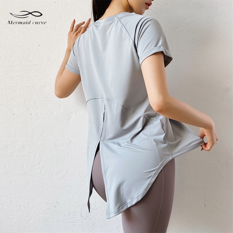 Women Summer Loose Short Sleeve Sport T Shirt Breathable Net Yarn Patchwork Back Fork Opening Quick Dry Running Yoga Shirt