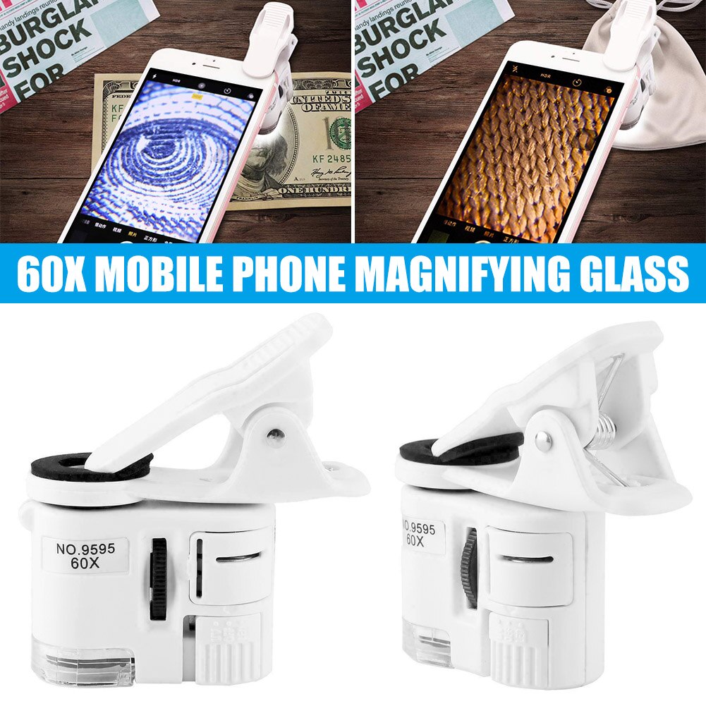 60X portátil Clip lupa UV microscopio Universal teléfono móvil con Mini LED NK-Shopping