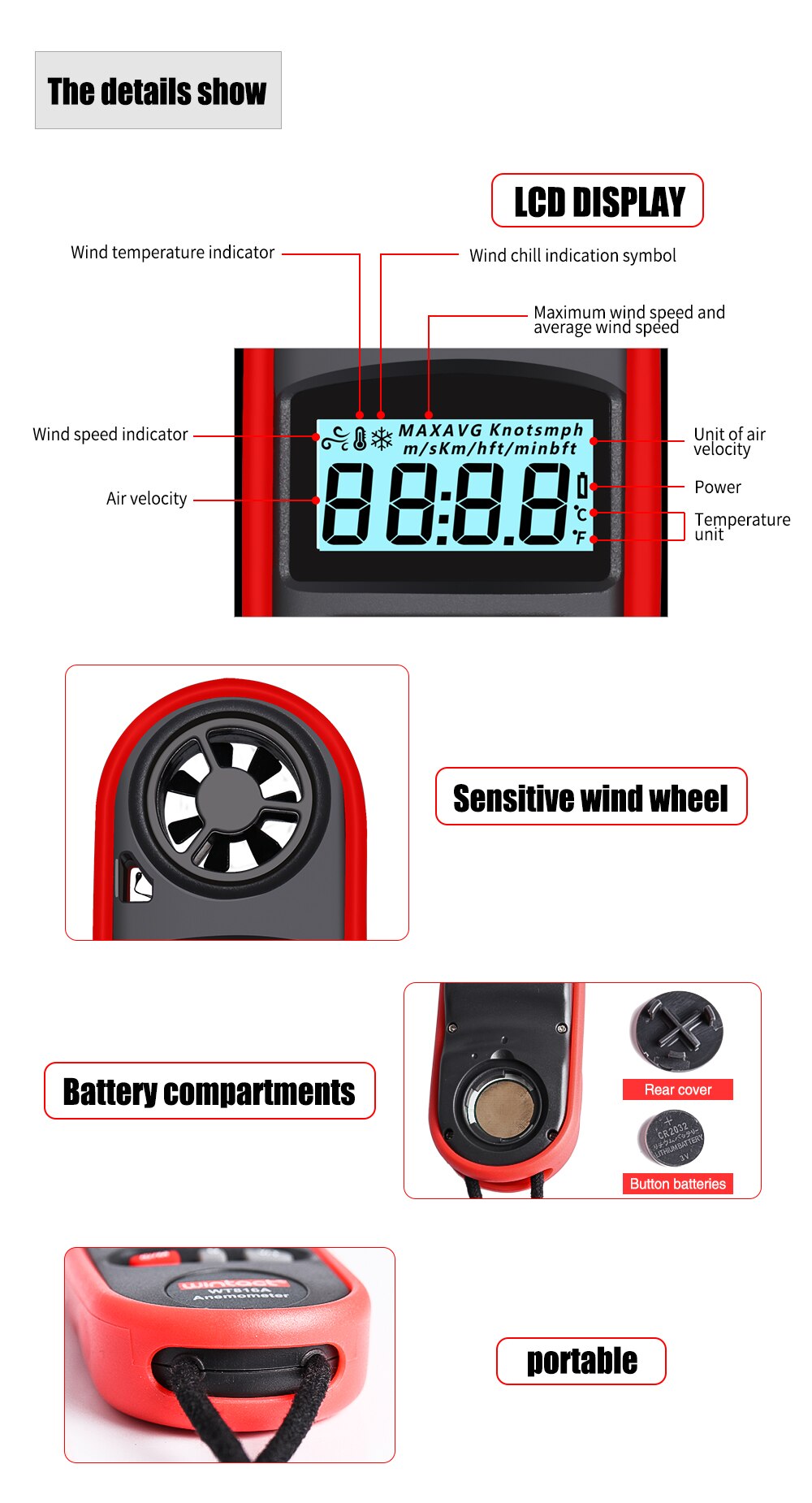 Digital Anemometer Mini Thermometer Handheld Anemometro Pocket Wind Speed Gauge Meter Air Wind Temperature Speed Measure Meter
