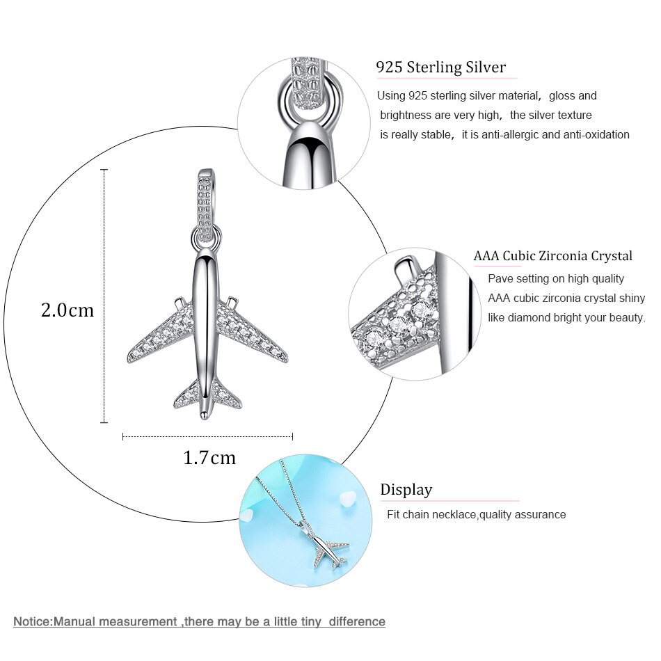 Real 925 pingente de prata esterlina com cristal austríaco moda jóias esmalte azul avião pingente colar para o casamento feminino