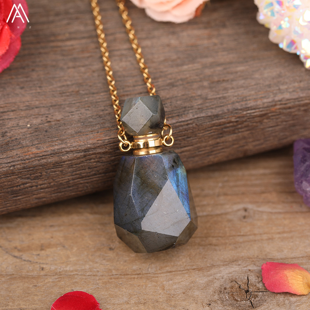 Arco-íris labradorite garrafa de óleo essencial perfume garrafa pingente colar moda feminina coração gem pedra jóias presente dropship: Zinco preto chapeado