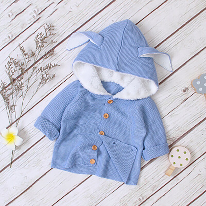 CITRUS Baby Rabbit Ear Hood Sweater Boys Girls Cardigans Autumn Toddler Long Sleeves Knitwear Jackets Winter Children Knit Tops: Blue / 12-18M