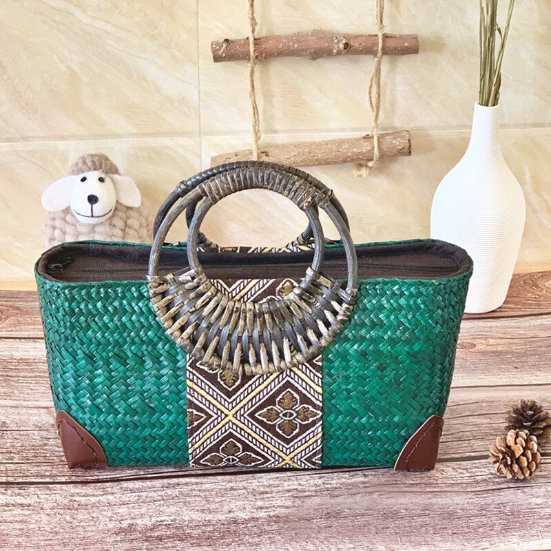 Borsa in paglia fatta a mano borsa in rattan stile etnico retrò borsa in tessuto intrecciato da donna di mezza età in bambù: green / S 28x10x16cm