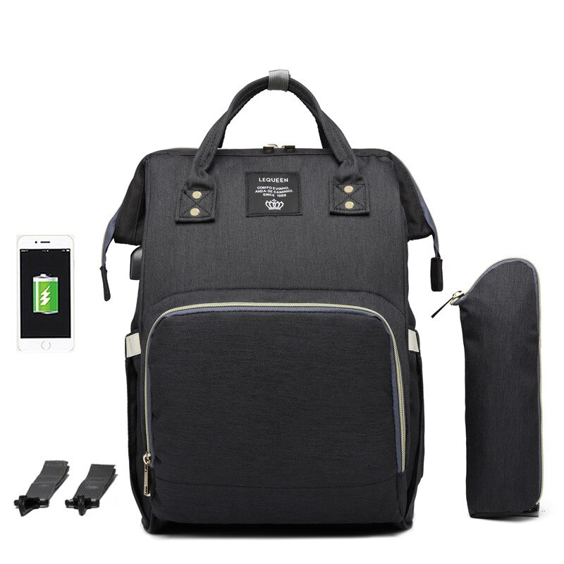 LEQUEEN Mode USB Mummie Moederschap Luiertas Grote Verpleging Rugzak Wandelwagen Baby Bag Baby Care Nappy Rugzak: BLACK