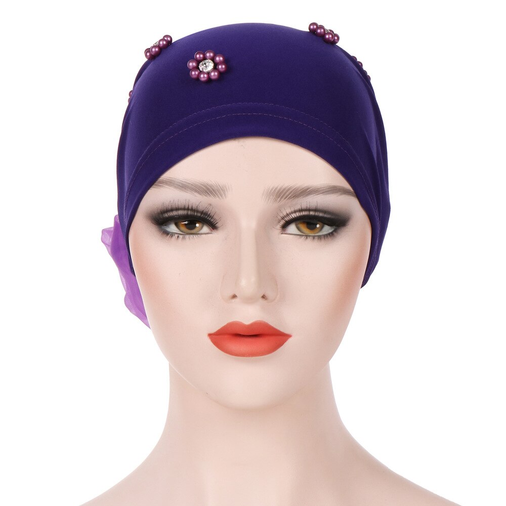 Braid Faux Pearl Muslim Women Turban Hat Solid Color Cap Hijab Headwrap