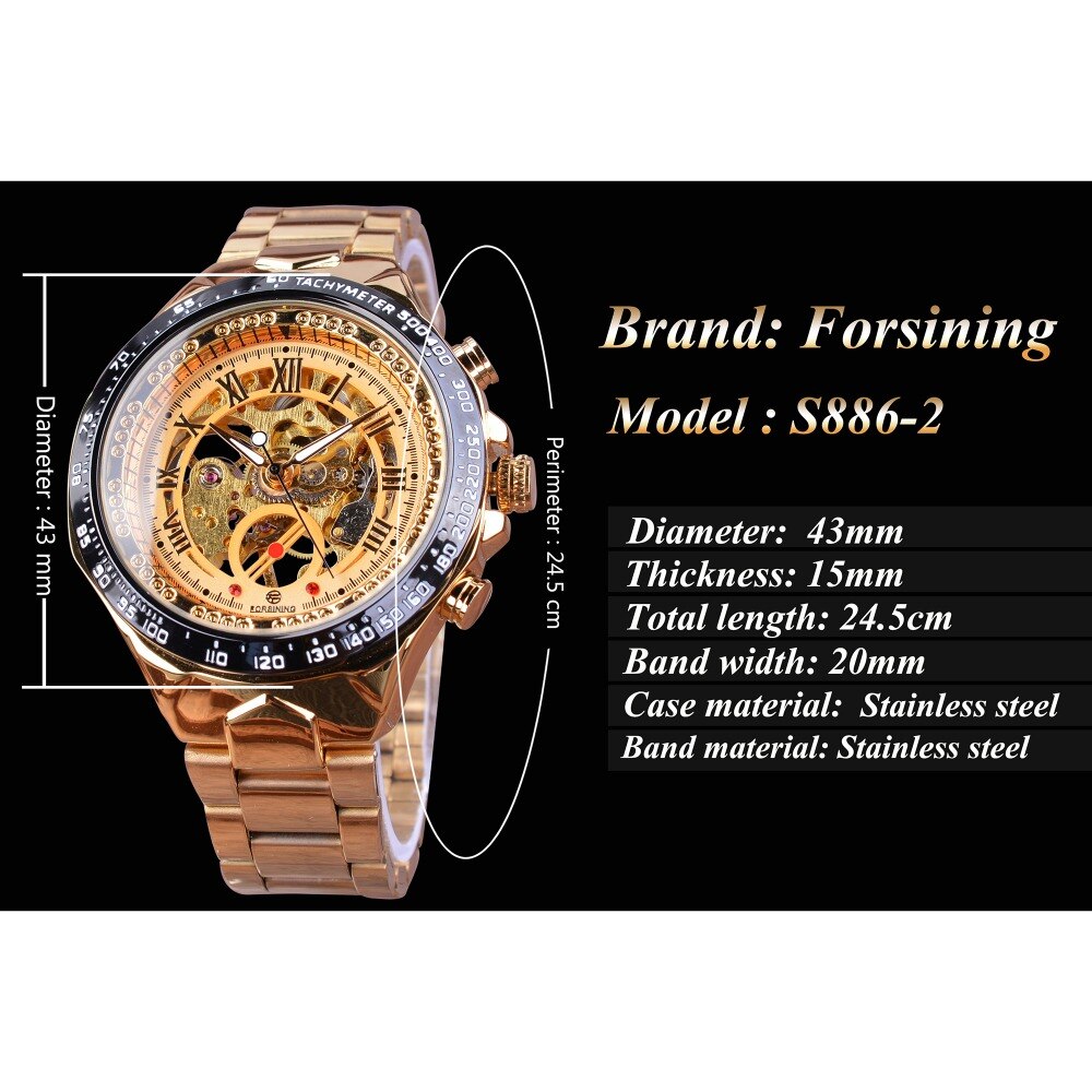 Forsining mannen Mechanische Hand Wind Horloge Mode Gouden Opengewerkte Nummer Horloge Bezel Polshorloge Roestvrij Stalen Band