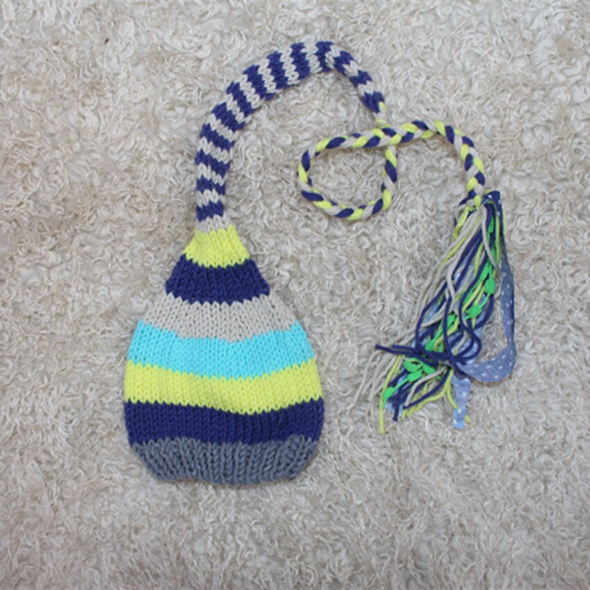 Baby Knit Crochet Costume Blue Striped Soft Set Hand Knit Long Tail Hat Cute Shower