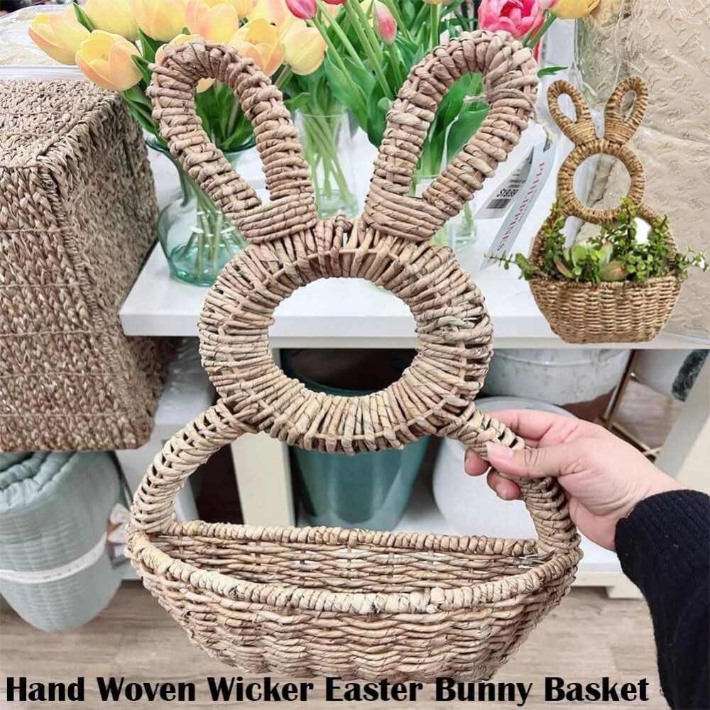 Hand Natural Woven Bunny Easter Basket Wall Hanging Happy Easter Bunny Basket Wall Pocket Hanging Wall Pocket Spring Decor