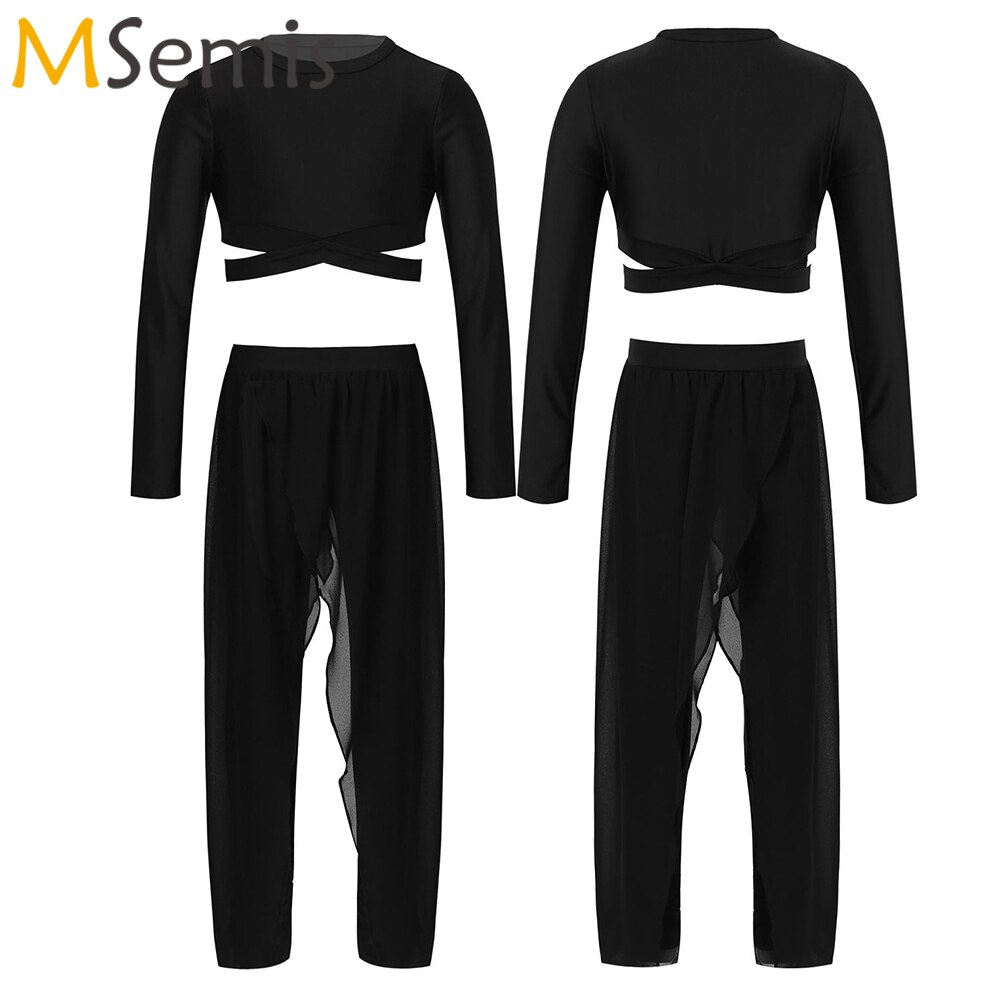 Enfants Yoga ensemble solide manches longues survêtement respirant gilet haut avec irrégulière doux jupe-culotte pour la remise en forme quotidienne de gymnastique