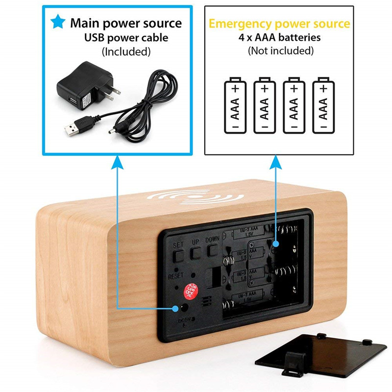 Houten Wekker Met Draadloos Opladen Pad Compatibel Met Voor Iphone Samsung Hout Led Digitale Klok Geluid Controle Functie