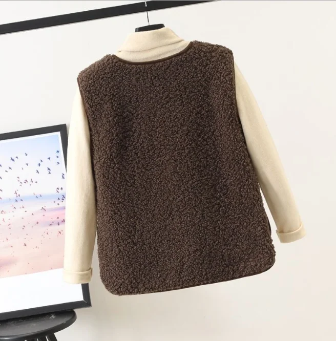 Autumn Winter Women's Vest Lamb Wool Korean Version Versatile Imitation Fur One Short Girls' Vest Zipper Coat Casual Beige