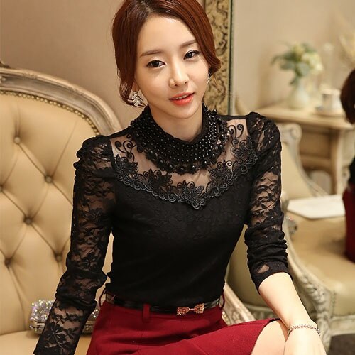 Women Sexy Lace Blouse Slim Plus size 3XL Lace Tops Long Sleeve Casual Shirt Beaded Openwork Feminine Hollow Out Tops