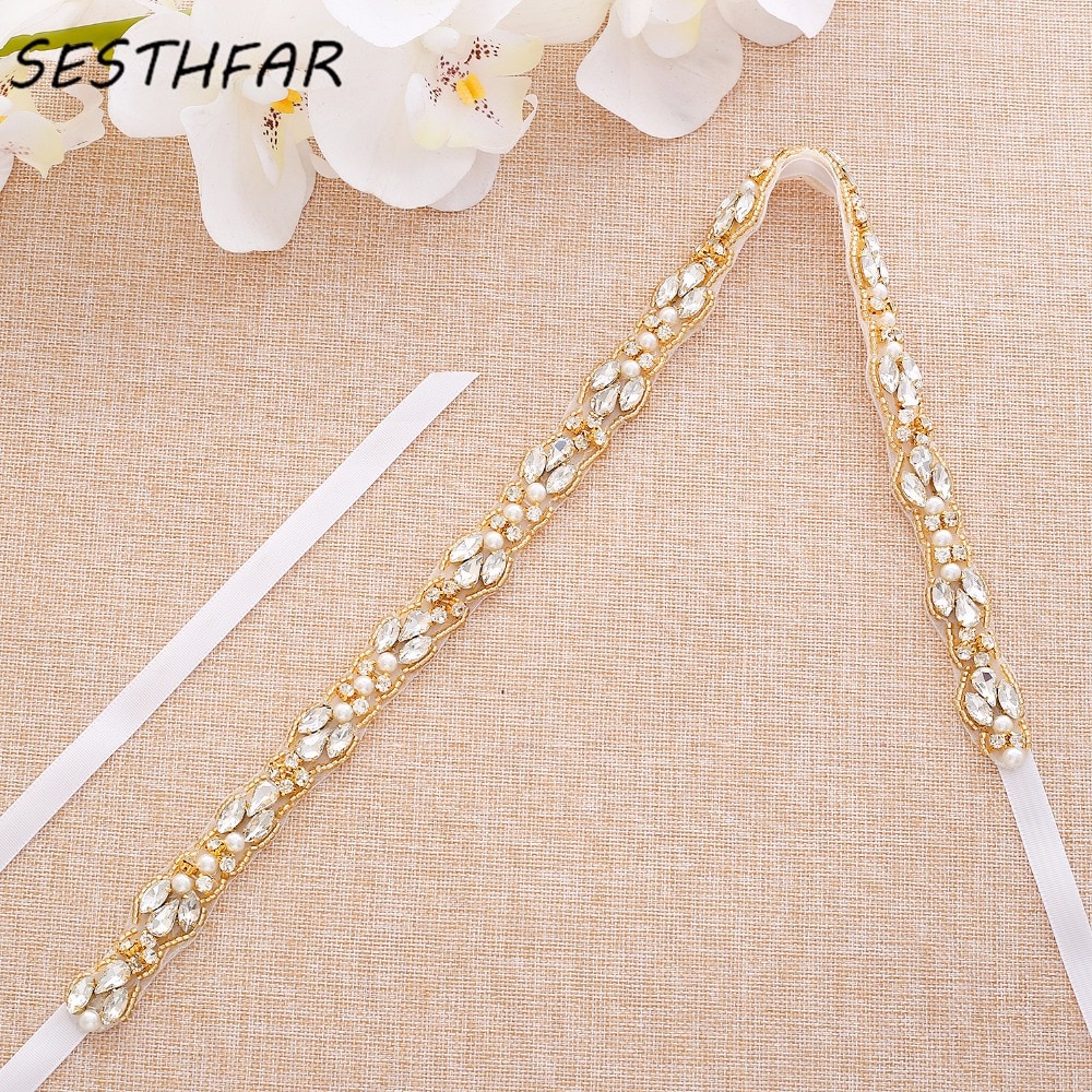 Sesthfar Strass Bruids Riem Goud Crystal Bridal Sash Diamanten Bruiloft Riem Voor Vrouwen Avondjurk