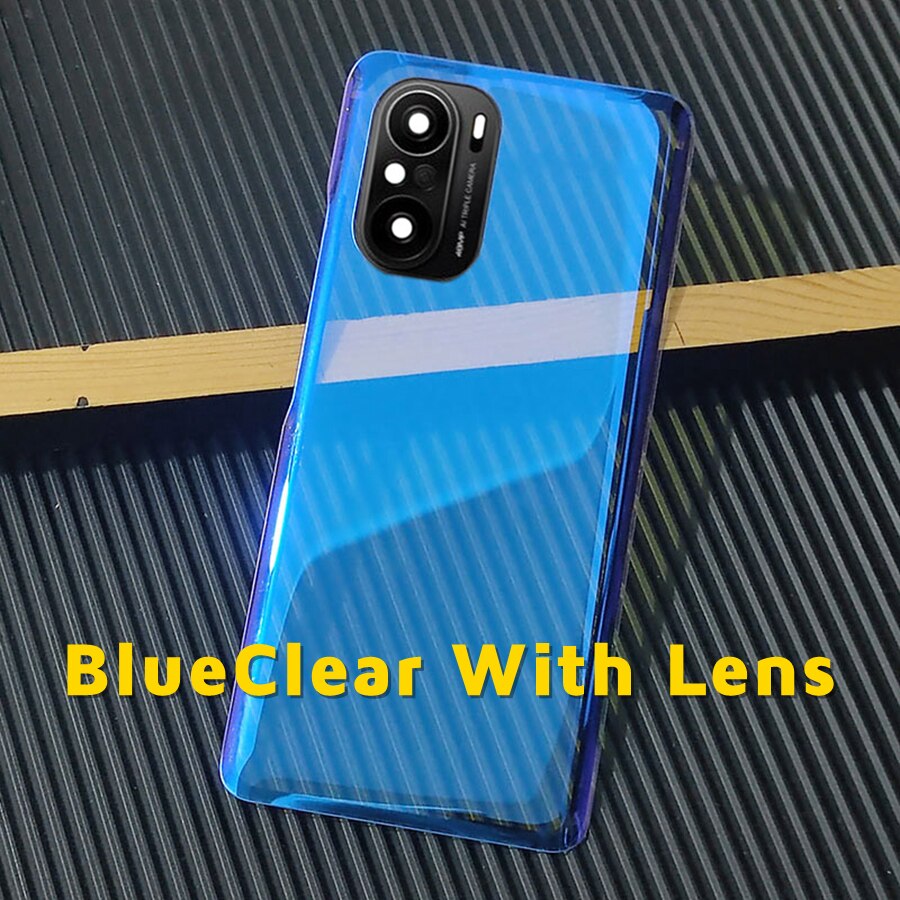 Zonder Logo Voor Xiaomi Poco F3 Batterij Cover Terug Glas Achterpaneel Behuizing Deur Case Met Camera Glas Lens Vervanging + Sticker: BlueClear With Lens