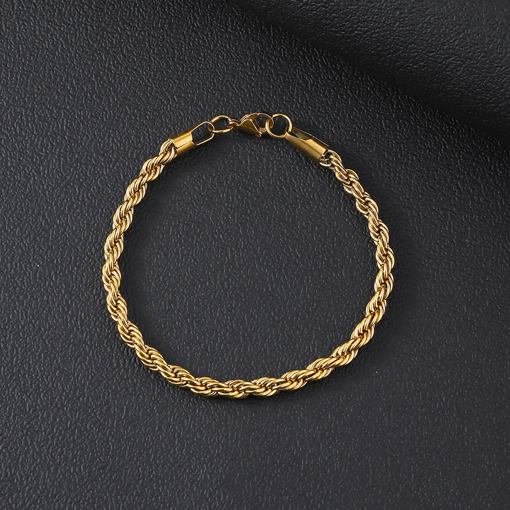 Armbånd i Rustfritt Stål 2-6mm Gullfarge - Tvinnet Rebkjede - Unisex - Karabinkrok: 16cm / Grønn / Varm stempling