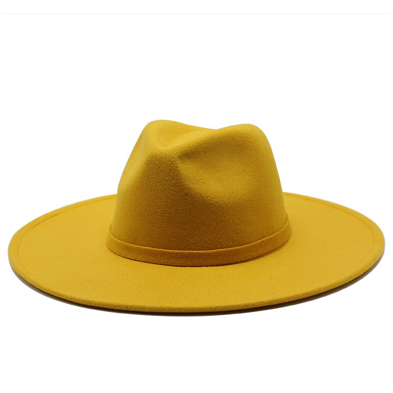 9.5CM Women Men Big Wide Brim Wool Fedora Hat British Style Winter Gentleman Lady Jazz Church Hats: Yellow