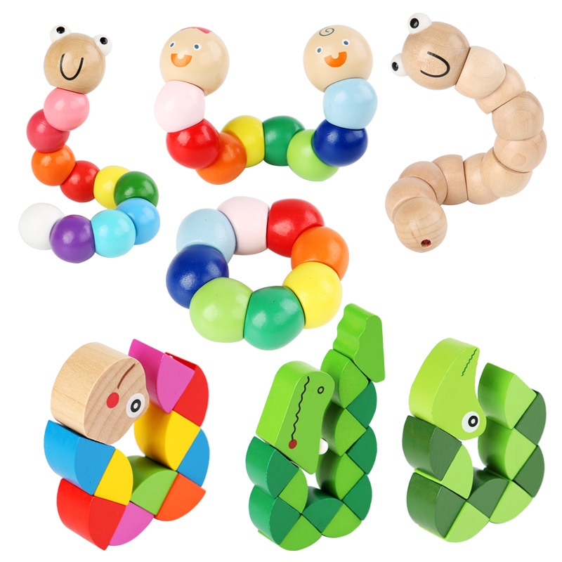 Orm twist marionet kognition sjovt pædagogisk legetøj foranderlig form træklodser børn farverige larve baby jul