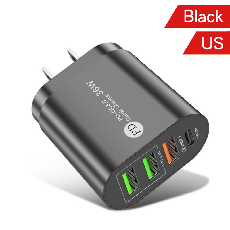 Usb-schnellladeadapter (36w qc3.0 pdx 3 für apple iphone 13 pro, 12, 11, 8, 7, ipad (eu/uk/us-stecker, pd-ladegerät, typ c): Us-stecker schwarz