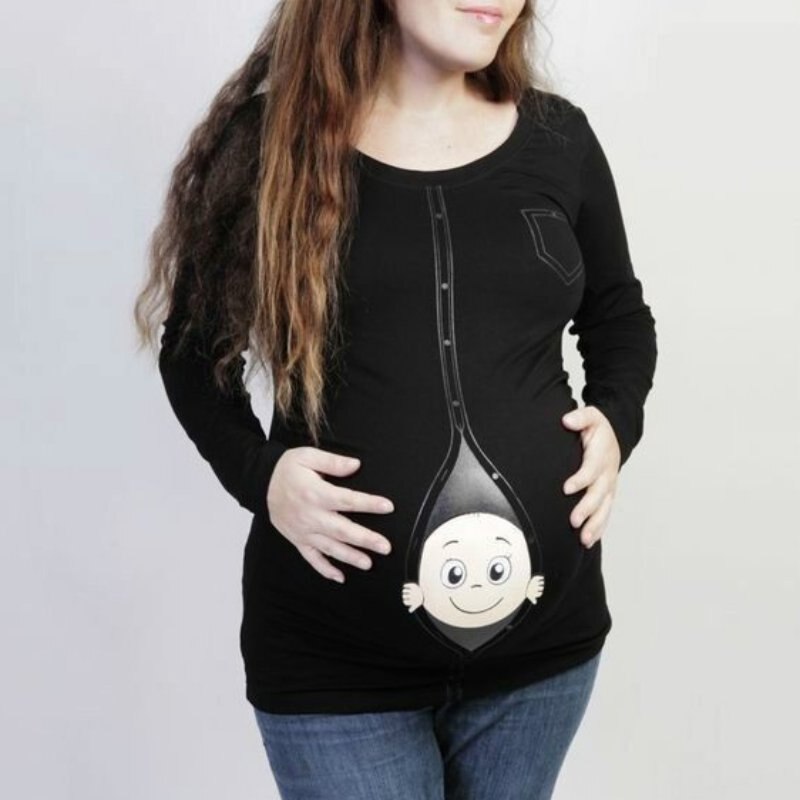 Maternity Pregnant Long Sleeve T Shirts Cartoon Baby Peeking Out Printed Clothes Maternity Funny Shirts: Black / 3XL