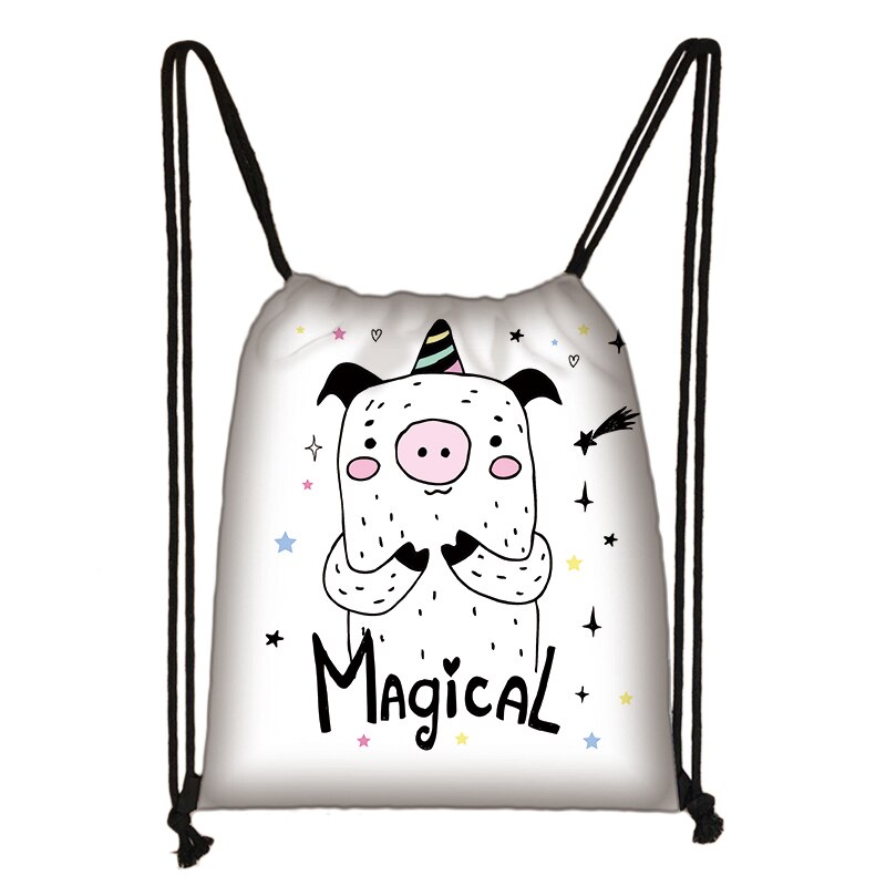 Cartoon Pig Print Drawstring Bag Women Travel Bag Teenager School Bag Brown Girl And Boy Backpack Female Storage Bags L1: skdafr52