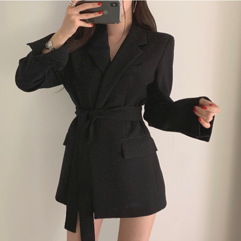 Blazer taille haute avec ceinture pour femme, vêtement d'extérieur, coupe cintrée, noir et Beige, à manches longues, pour le travail et le bureau, collection automne: Black / XXL