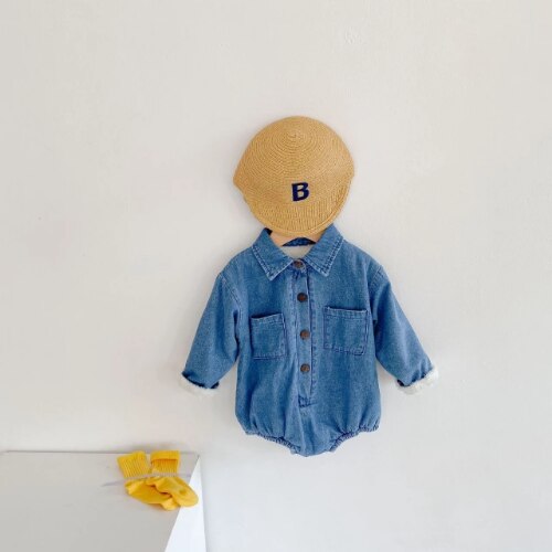 Outono do bebê macacões da criança menina menino plus velo de manga comprida denim macacão inverno uma peça macacão