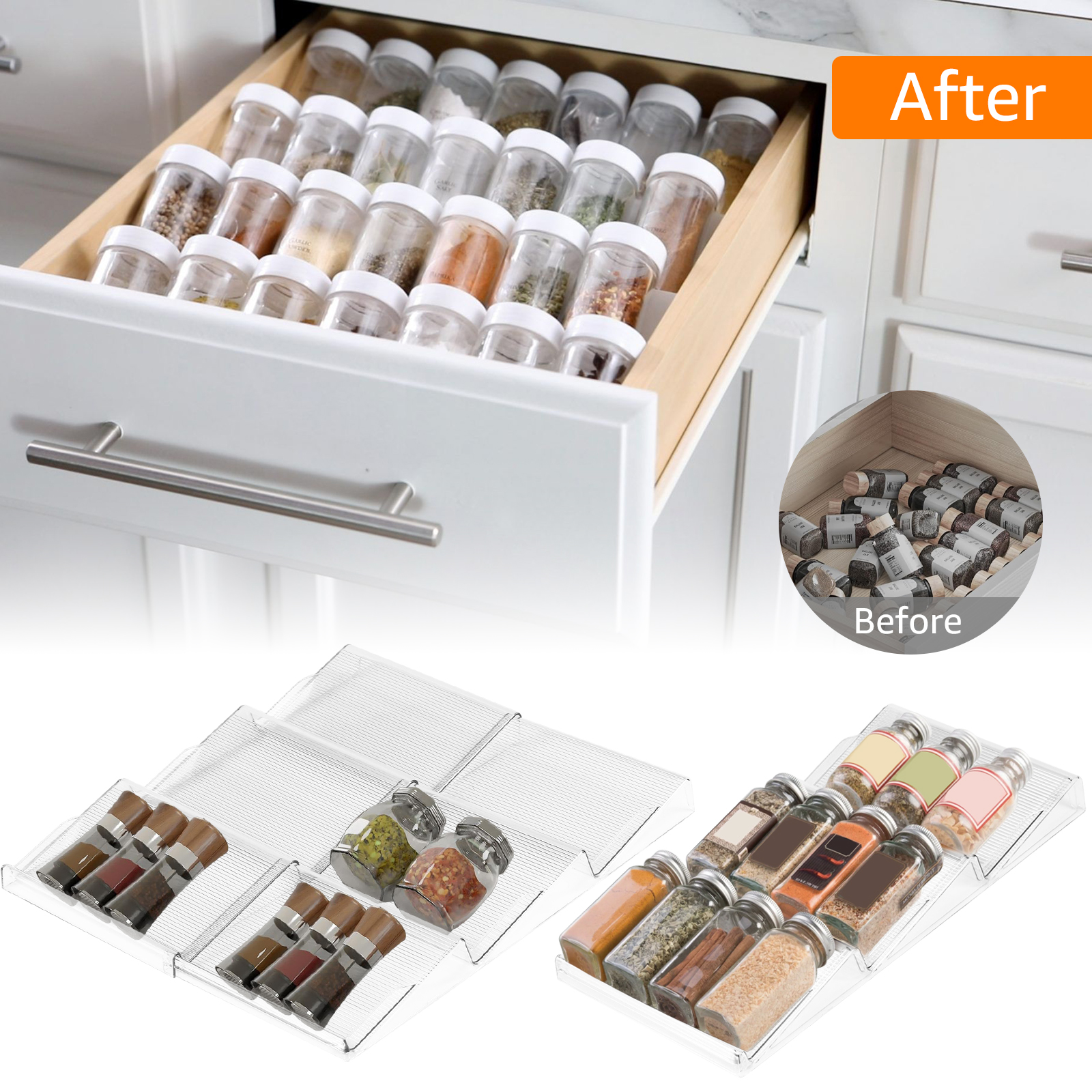 3 Tiles Telescopic Spice Drawer Rack Large-Capacity Acrylic Storage Tray Kitchen Versatile Drawer Organizer for Reasoning Jar