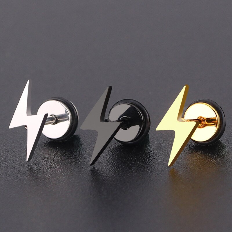 Punk titanium lightning stud brincos para homens mulheres de aço inoxidável redondo bolo preto brincos parafuso piercing jóias festa presente