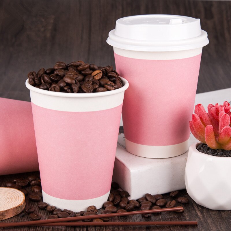 50pcs Pink thicken disposable coffee cup party wedding birthday favor drink paper cup cute takeaway packaging cups with lid