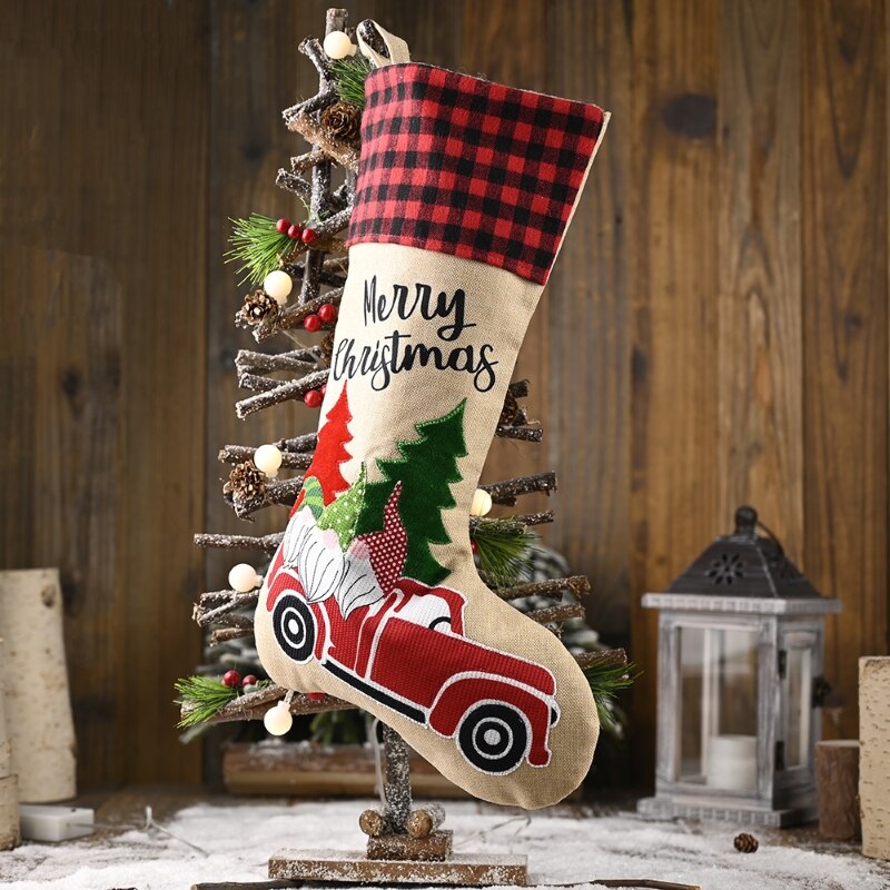 Kerstcadeau Sokken Xmas Tree Decor Lattice Cartoon Auto En Kerstman Xmas Kousen Ornamenten Houders Kinderen Candy Bag