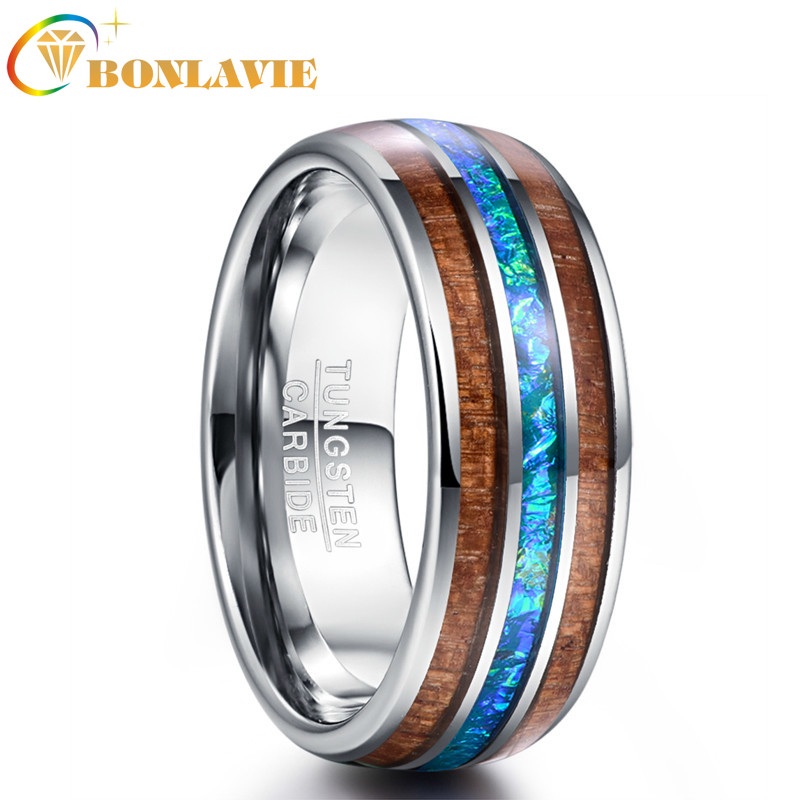 8mm Classic Hawaiian Koa Wood Colorful Opal Tungsten Carbide Ring Jewelry Dome Polished Men&#39;s Wedding Bands Rings