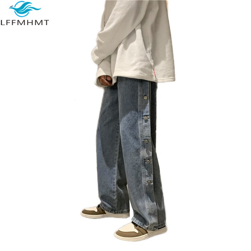 Winter Casual Joker Button Fly Jeans Loose Wide Leg Straight Denim Harajuku Trendy Cool Men Pants